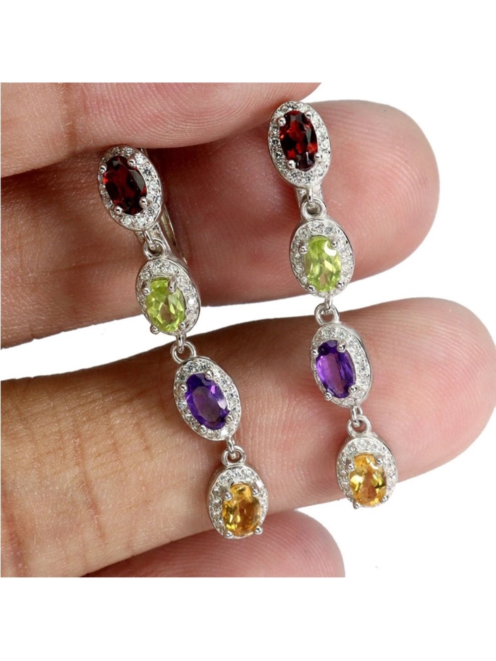 Natural Garnet, Peridot, Amethyst & Citrine Drop Earrings 925 Sterling Silver